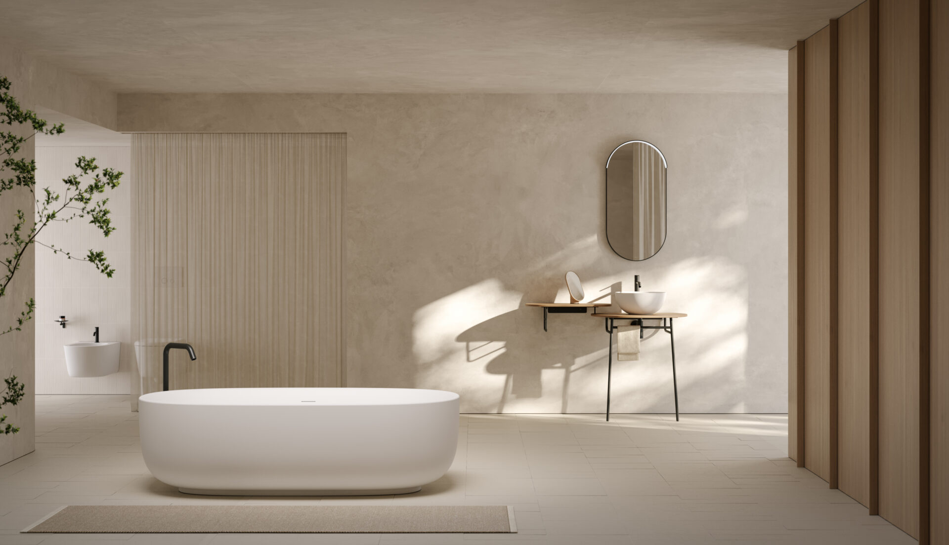 Minimalistiskt badrum i beige kalkputs