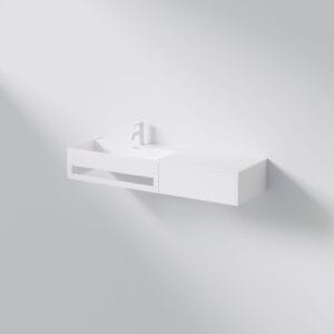 Steinberg Series 443 vägghängt tvättställ i matt vit solid surface med låda och handdukshängare