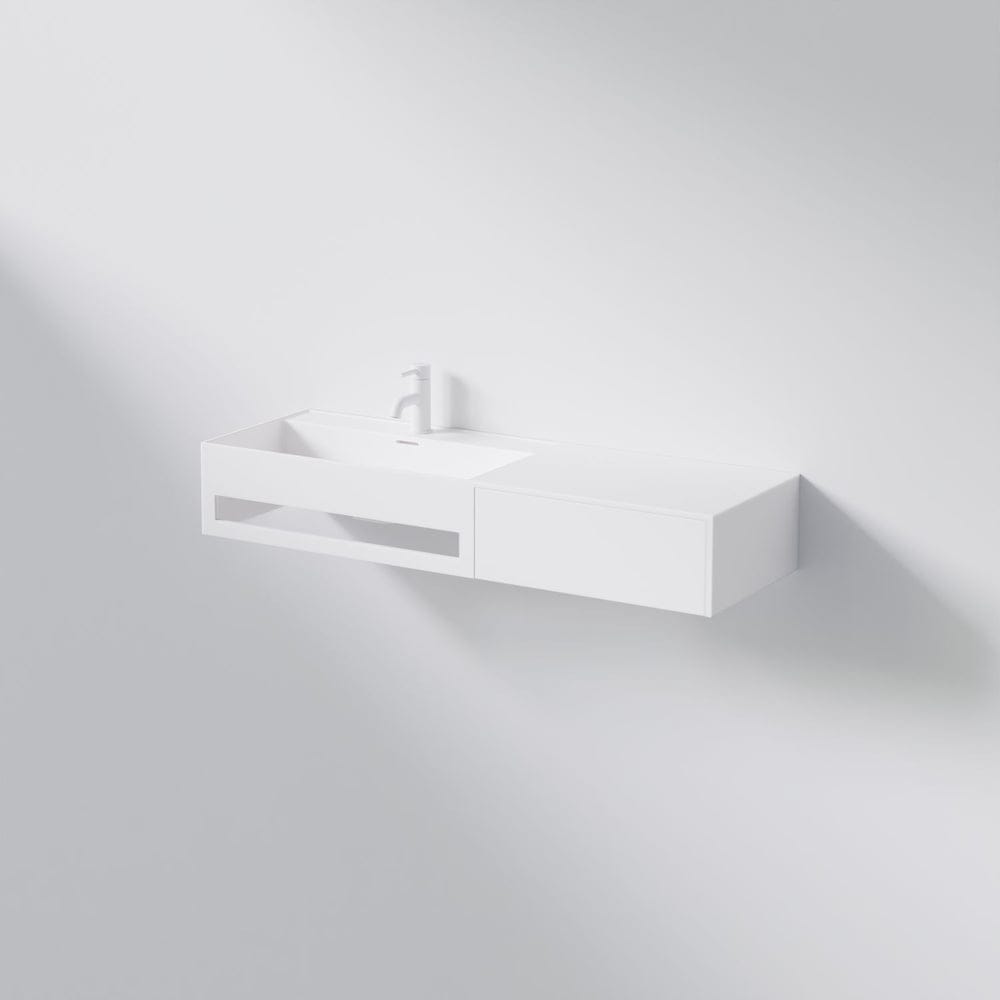 Steinberg Series 443 vägghängt tvättställ i matt vit solid surface med låda och handdukshängare
